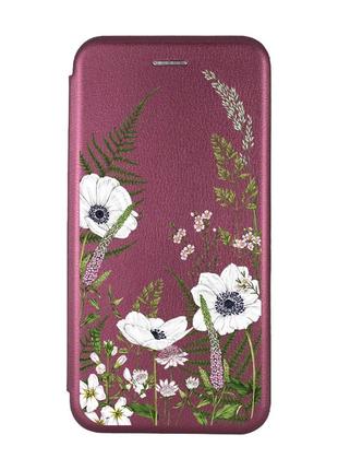 Чехол-книжка  с рисунком для xiaomi redmi 9a бордовый :: цветы полевые (принт 363)