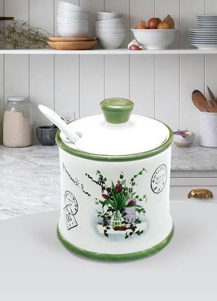 Сахарница с ложкой керамическая maestro mr-20065-09 банка для сыпучих продуктов банка для хранения сахара