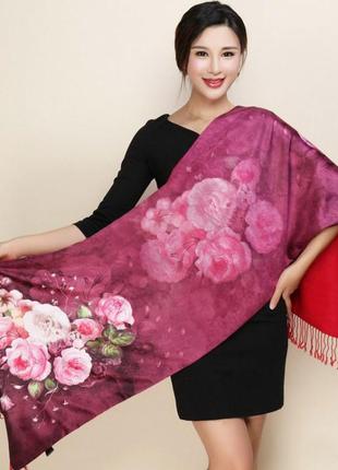 Шелковый палантин женский пурпурный, шарф с подкладкой 180*50 см
