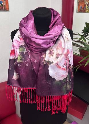 Шелковый палантин женский пурпурный, шарф с подкладкой 180*50 см