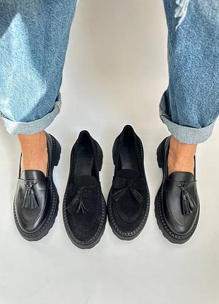Лофери матові натуральна шкіра чорні базовые лоферы черные матовые натуральная замша