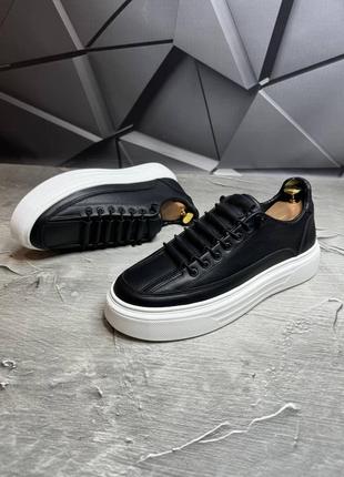 Люксовые мужские кеды из натуральной кожи черного цвета на белой подошве, кроссовки на...