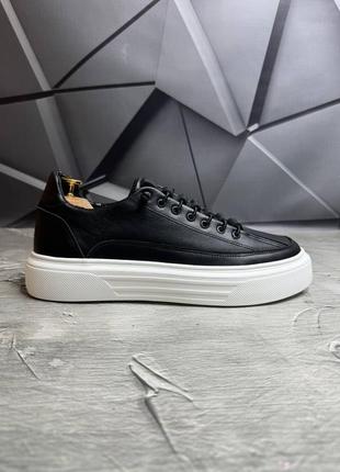 Люксовые мужские кеды из натуральной кожи черного цвета на белой подошве, кроссовки на...