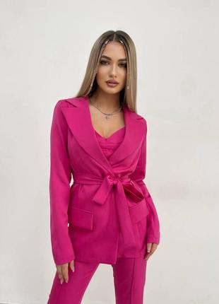 Малиновый женский брючный костюм тройка топ+пиджак+брюки5 фото