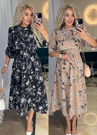 Класична легка сукня міді з гумкою на талії, плаття квіти, платье миди