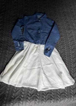 Сукня міді джинсова сорочка + шифонова спідниця, синій з білим, м2 фото