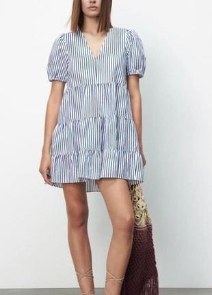 Многоярусное платье в полоску zara из льняной смеси