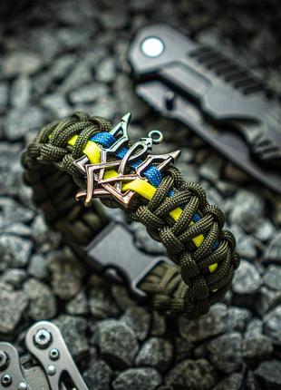Чоловічий браслет з паракорду strong trizub плетений з прапором олива