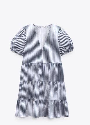 Многоярусное платье в полоску zara из льняной смеси