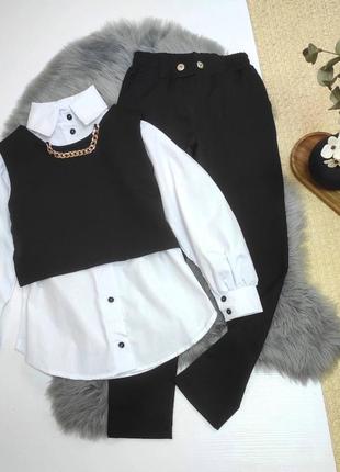 Стильный костюм тройка для девочки - брюки мом, рубашка и жилет