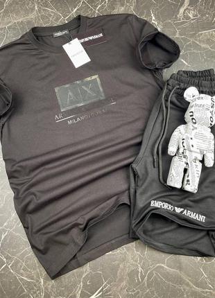 Черный спортивный костюм футболка шорты в стиле armani