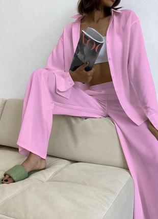 Шелковый костюм рубашка оверсайз удлиненная брюки клеш палаццо комплект бежевый серый черный белый розовый коричневый рубашка трендовый стильный