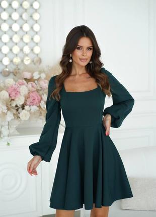 Вишукана сукня міні з довгим рукавом, плаття зі спідницею сонцем з костюмної тканини, 7526