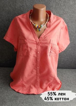 Натуральная блуза рубашка из смесового льна кораллового цвета 52-54 размера1 фото