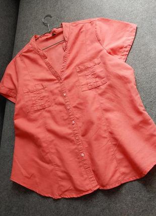 Натуральная блуза рубашка из смесового льна кораллового цвета 52-54 размера6 фото