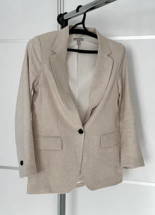 Пиджак из смеси льна светло-бежевый h&m базовый актуальный на лето осень весну женский жакет