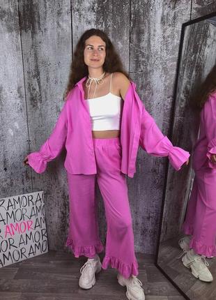 Льняной женский розовый костюм двойка
