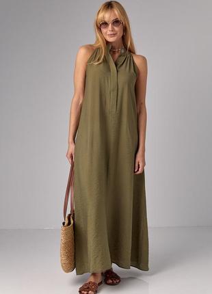 Довга сукня а-силуету з американською проймою - хакі цвет, s (є розміри)