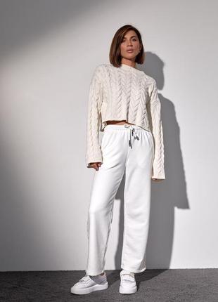Костюм-двійка з в'язаною кофтою в косички та трикотажними штанами - молочний цвет, s (є розміри)