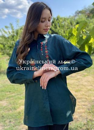 Блуза домра зелена, галерея льону, льняна сорочка, 44-54рр.