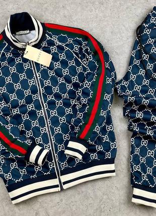 Синий спортивный костюм мужской олимпийка брюки в стиле gucci с принтами