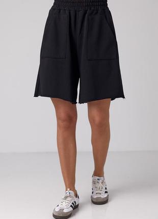 Трикотажні жіночі шорти з накладними кишенями - чорний цвет, s/m (є розміри)