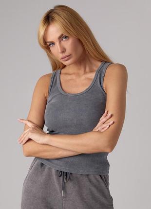 Трикотажна майка в рубчик з рваною окантовкою - сірий цвет, s (є розміри)