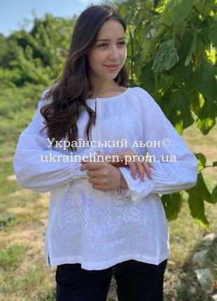 Блуза тереса белая, галерея льна, льняная вышиванка, 40-52рр.