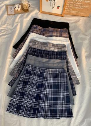 Синяя юбочка в клетку с шортиками 6628 юбка-шорты синего цвета в клетку плиссированная4 фото