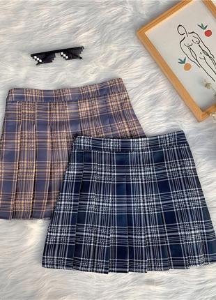Синяя юбочка в клетку с шортиками 6628 юбка-шорты синего цвета в клетку плиссированная5 фото