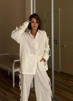 Молочний жіночий домашній костюм із льону «teresa» натуральний легкий костюм у піжамному стилі для жінок