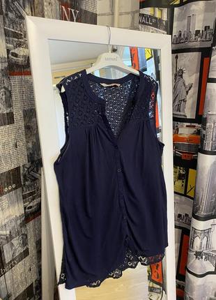 100% натуральная майка женская синего цвета с красивым кружевом на спине, tom tailor, s