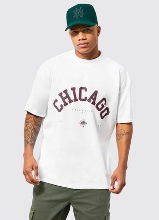 Белая оверсайз футболка boohoo chicago print, принт на груди, чикаго, свободная, широкая, новая