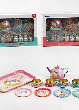 Набор посуды игрушечной 86-22 kh/l 2 вида, металлический, тарелки, блюдца, чашки, чайник, поднос
