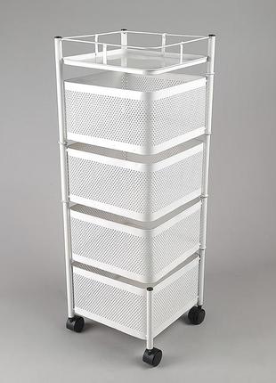 Етажерка стелаж металевий білого кольору на 5 полиць на колесах