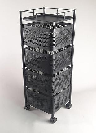 Етажерка стелаж металевий чорного кольору на 5 полиць на колесах
