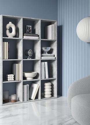 Книжкові шафи й полиці, етажерки і тумби, вітрини для віталень, полка для книг на 12 осередків бетон