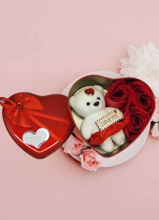 Подарунковий набір мило з троянд love you 3 троянди з мильними пелюстками і мишка в коробочці  червоний