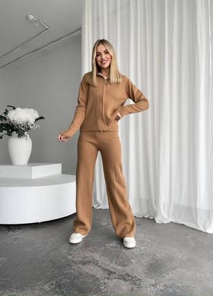 Костюм вязаний укороченная кофта с капюшоном на молнии худи куртка и брюки6 фото