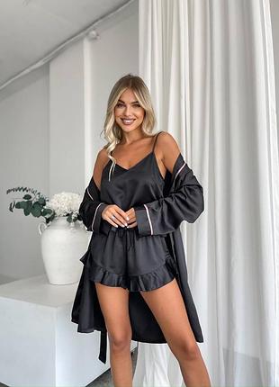 Шикарный комплект домашний (халат+пижама майка+шорты) s-xl шелк армани черная, розовая