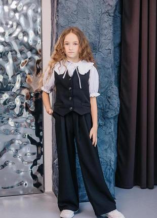 Шкільний костюм для дівчинки: жилет і штани палаццо, чорний; костюмна тканина, розміри 134-152