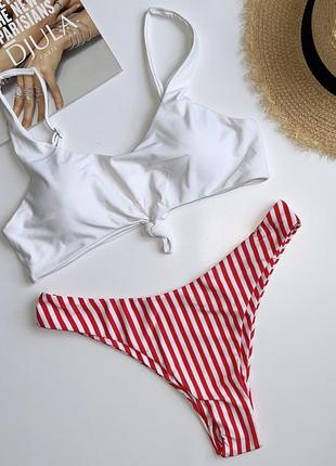 Сезонний розпродаж🥰. роздільний купальник топ на чашках & плавки у смужку (розмір м)