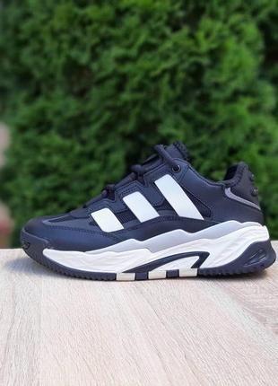 Чоловічі кросівки | adidas niteball | чорні з білим на білій | шкіра/комбіновані матеріали, :42