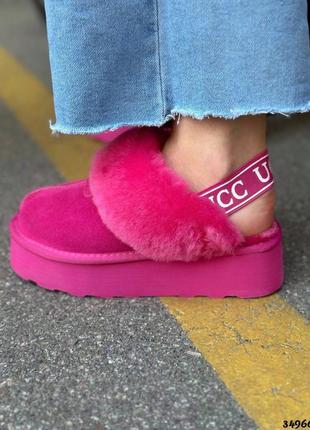 ▪️в стилі ugg fluff skuff жіночі замшеві уггі-тапочки автоледі хутро зима ремінець-резинка висока танкетка платформа рожеві малинові фуксія авто леді