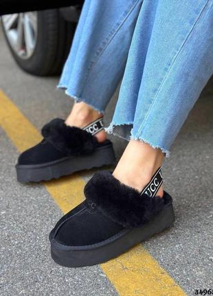 ▪️в стилі ugg tazz tassy жіночі замшеві уггі-тапочки автоледі хутро зима-осінь демісезонні ремінець-резинка висока танкетка платформа чорні авто леді