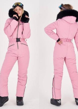 Зимний женский горнолыжный комбинезон черный с натуральным мехом (4 цвета) dd/-1323