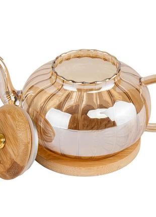 Прозрачный стеклянный заварочный чайник "пуер", 1000 мл, заварник для чая с деревянной крышкой2 фото