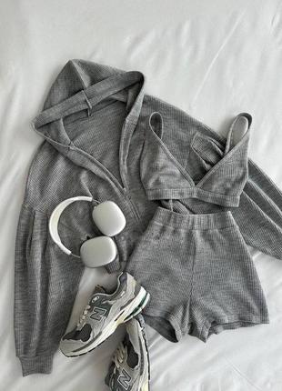 Женский летний спортивный костюм тройка кофта шорты в рубчик3 фото