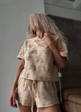 Пижама домашний кулир качественная натуральная женская костюмик, прямая свободная топ шорты футболка