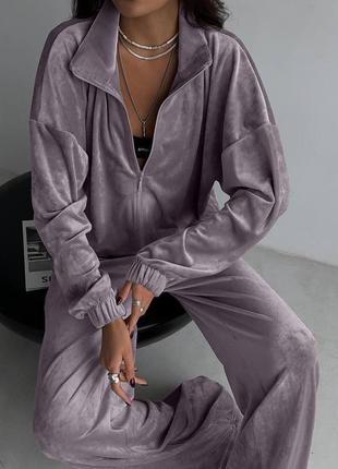 Лавандовий жіночий спортивний велюровий костюм широкі штани палаццо кофта на блискавці...